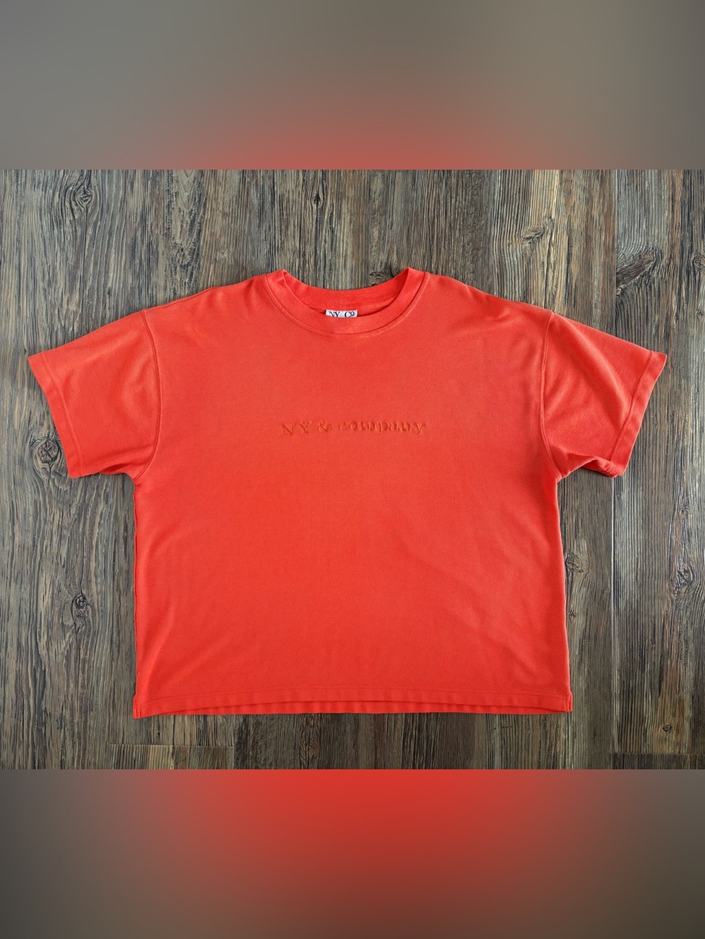 90s New York & Co. Oversized Pique Knit S/S T-Shirt XL Orange Embroidered Logo - Picture 2 of 9